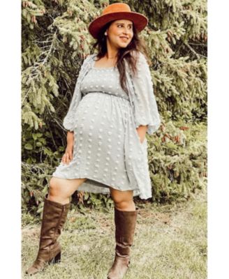 Maternity Pink Textured Dot Smocked Square Neck Chiffon Dress