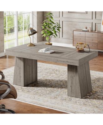 55" MDF Executive Desk with Dual Trapezoid Base Mid-Century Modern Home Office Workstation Desk