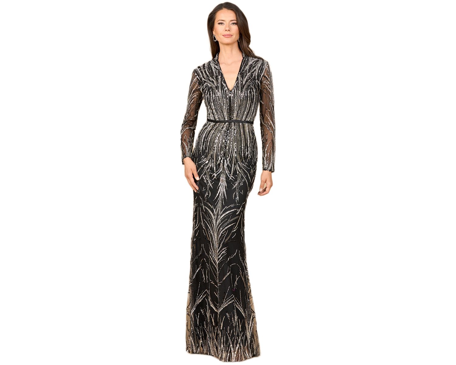 Women's Mandarin V-Neck Gown with Long Sleeves