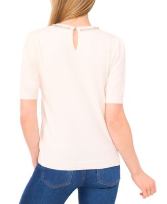 Women's Embellished Neck Trim Short Sleeve Sweater Top