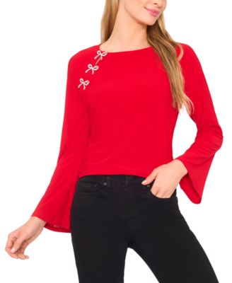 Women's Imitation Pearl Bow Long-Sleeve Knit Top