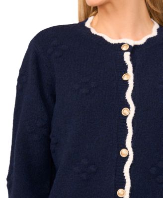 Women's Scallop Edge Pom Knit Long Sleeves Cardigan