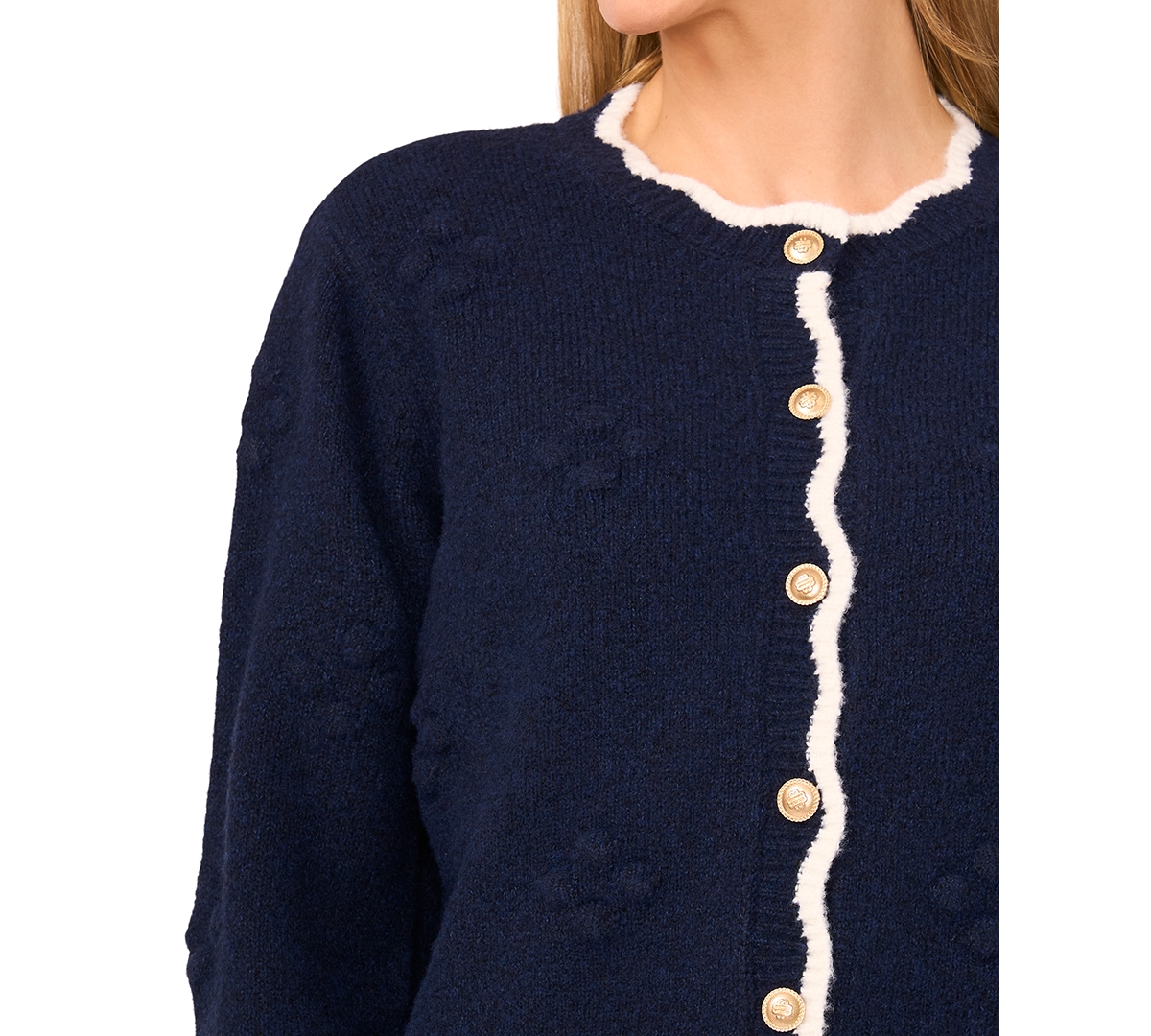 Cece Women's Scallop Edge Pom Knit Long Sleeves Cardigan In Blue
