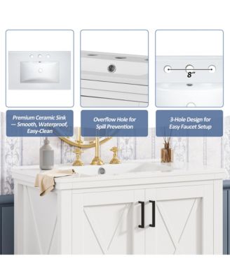 30" Bathroom Vanity with Sink, Solid Wood Frame and MDF, 2 Soft-Close Doors, Drawer and Storage Shelves