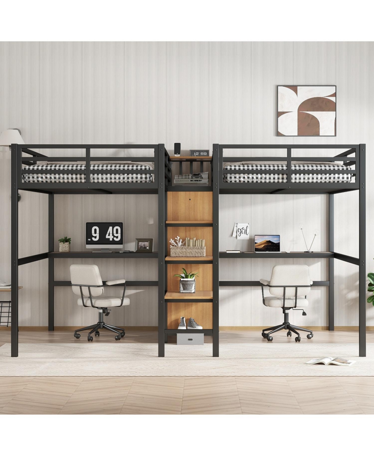 Streamdale Furniture Twin Metal Loft Bed with Desk Wardrobe & Shelves - Woodgrain
