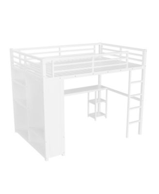 Queen Loft Bed with Wardrobe Desk & Shelves - White