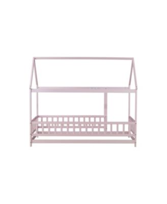 Twin Size House Floor Wooden Bed with Roof Frame Safety Guardrails Pink