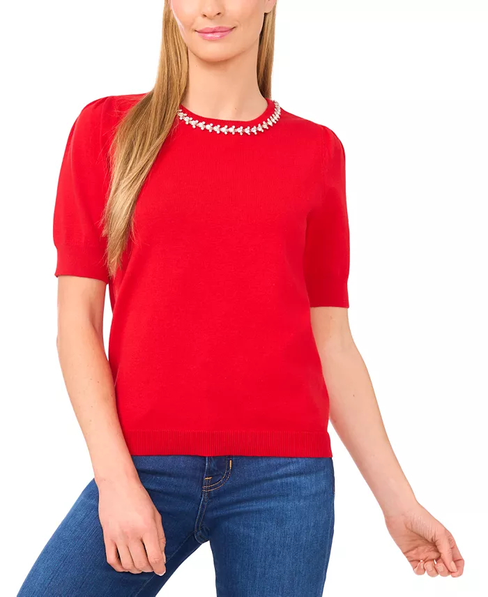 Women's Embellished Neck Trim Short Sleeve Sweater Top