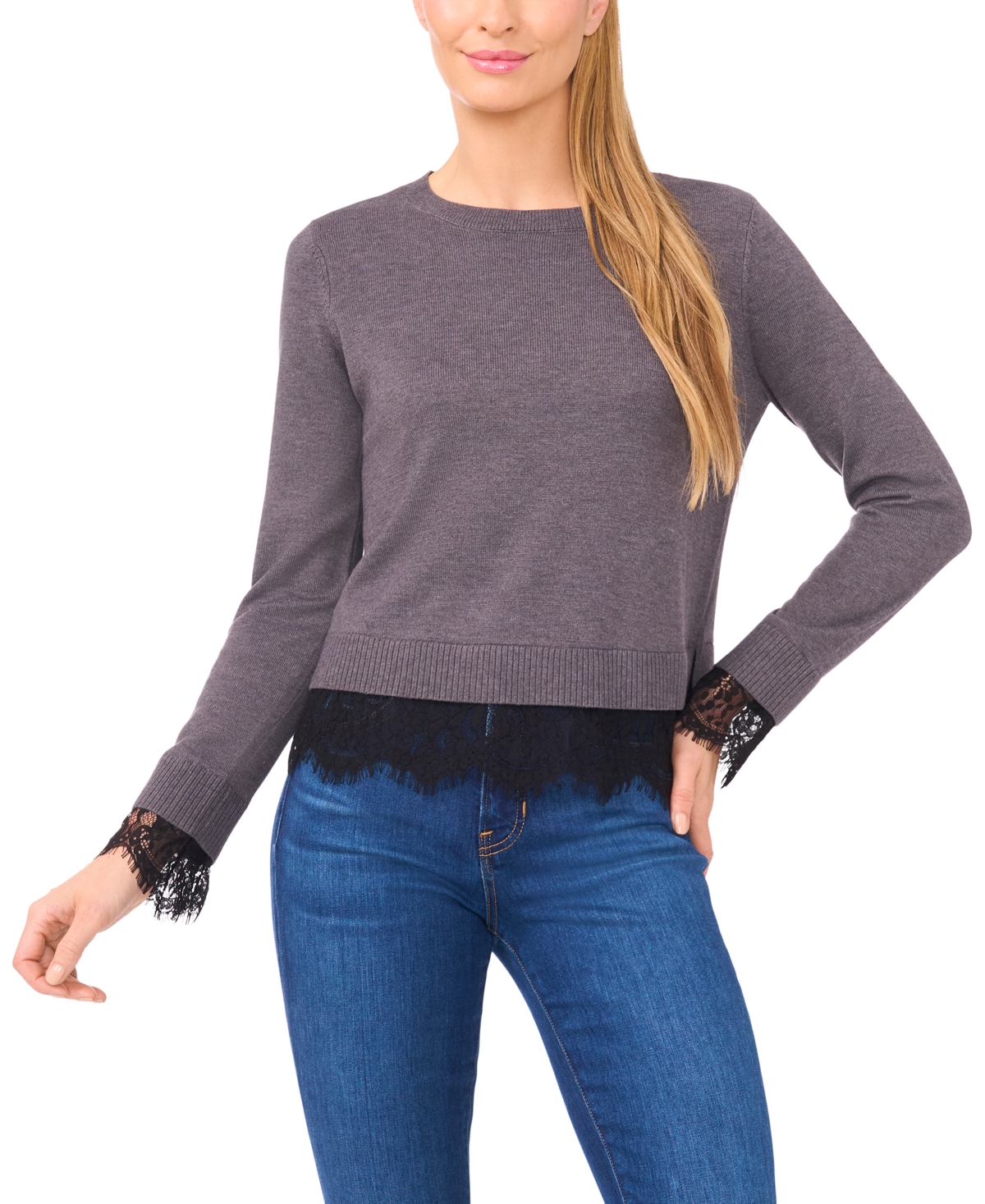 Cece Women's Lace Hem Long Sleeves Sweater In Gray