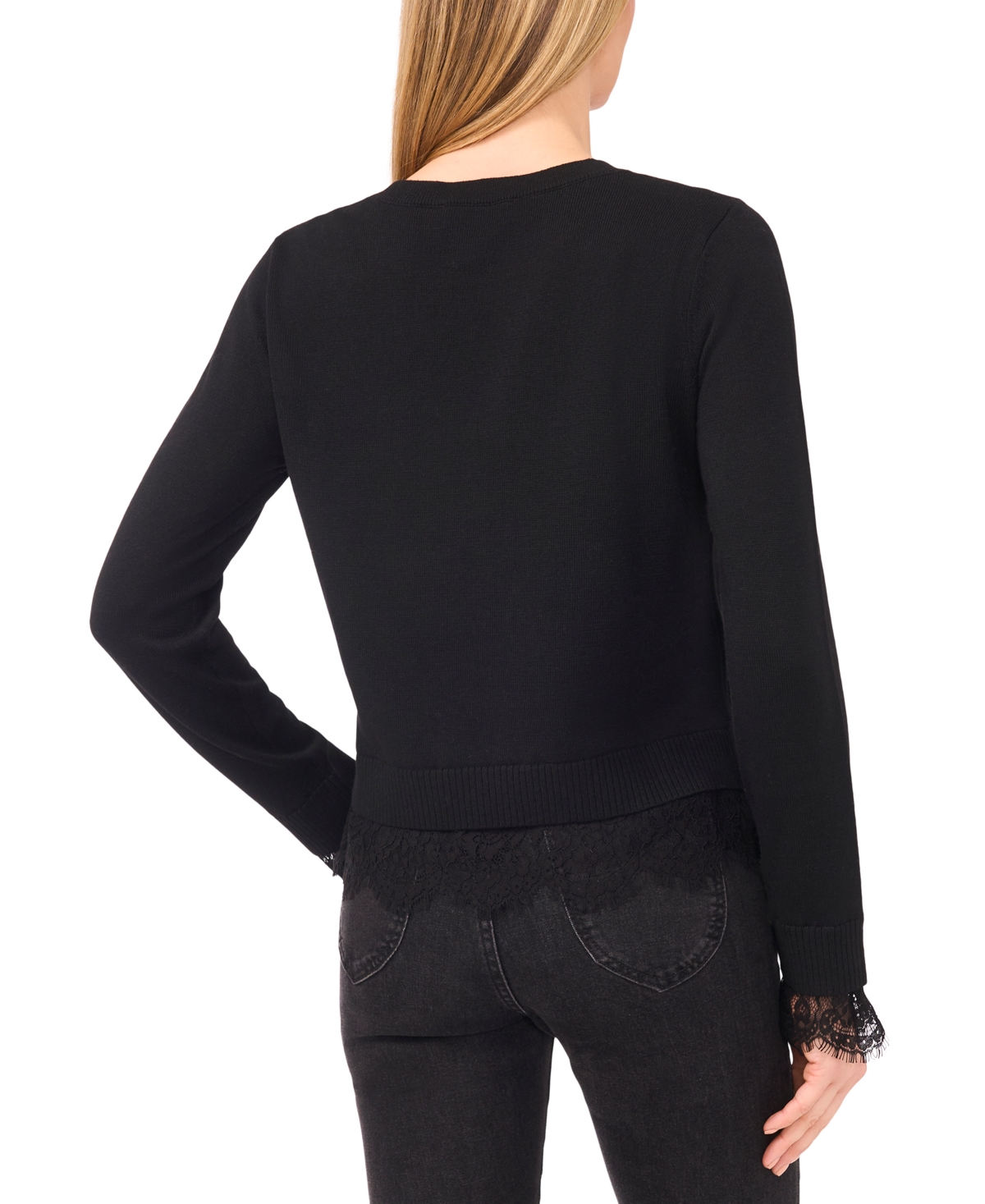Cece Women's Lace Hem Long Sleeves Sweater In Black
