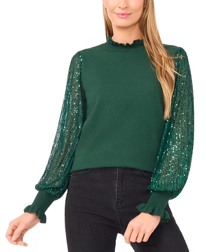 Women's Ruffle Trim Sequin Long Sleeves Sweater - thumbnail 10