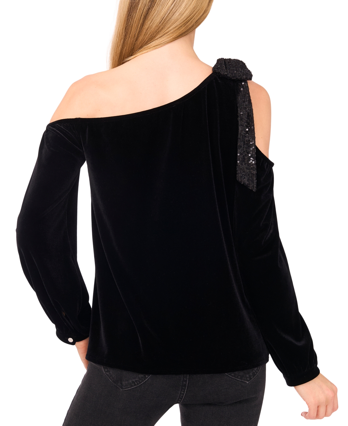 Cece One-shoulder Sequin Bow Velvet Top In Black