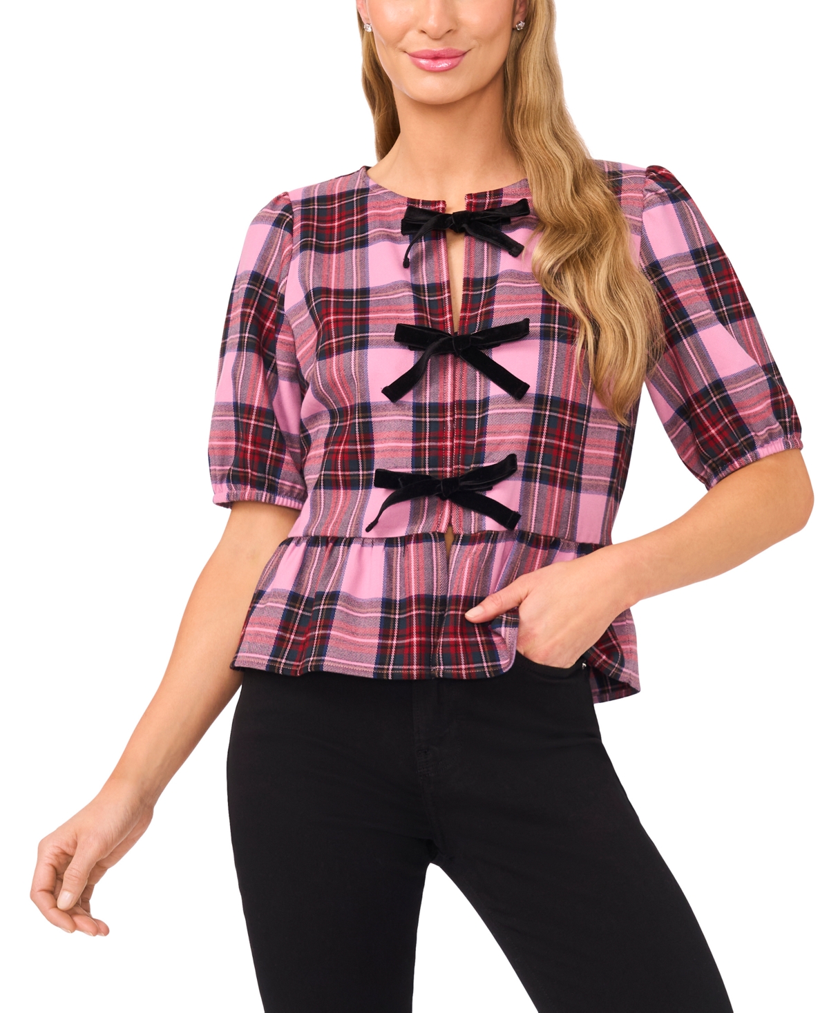 CeCe Women's Short Sleeve Peplum Top with Bows