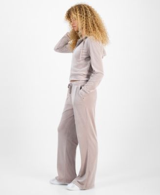 Hippie Rose Juniors Ribbed Velour Zip Up Hoodie Ribbed Velour Drawstring Pants In Gray