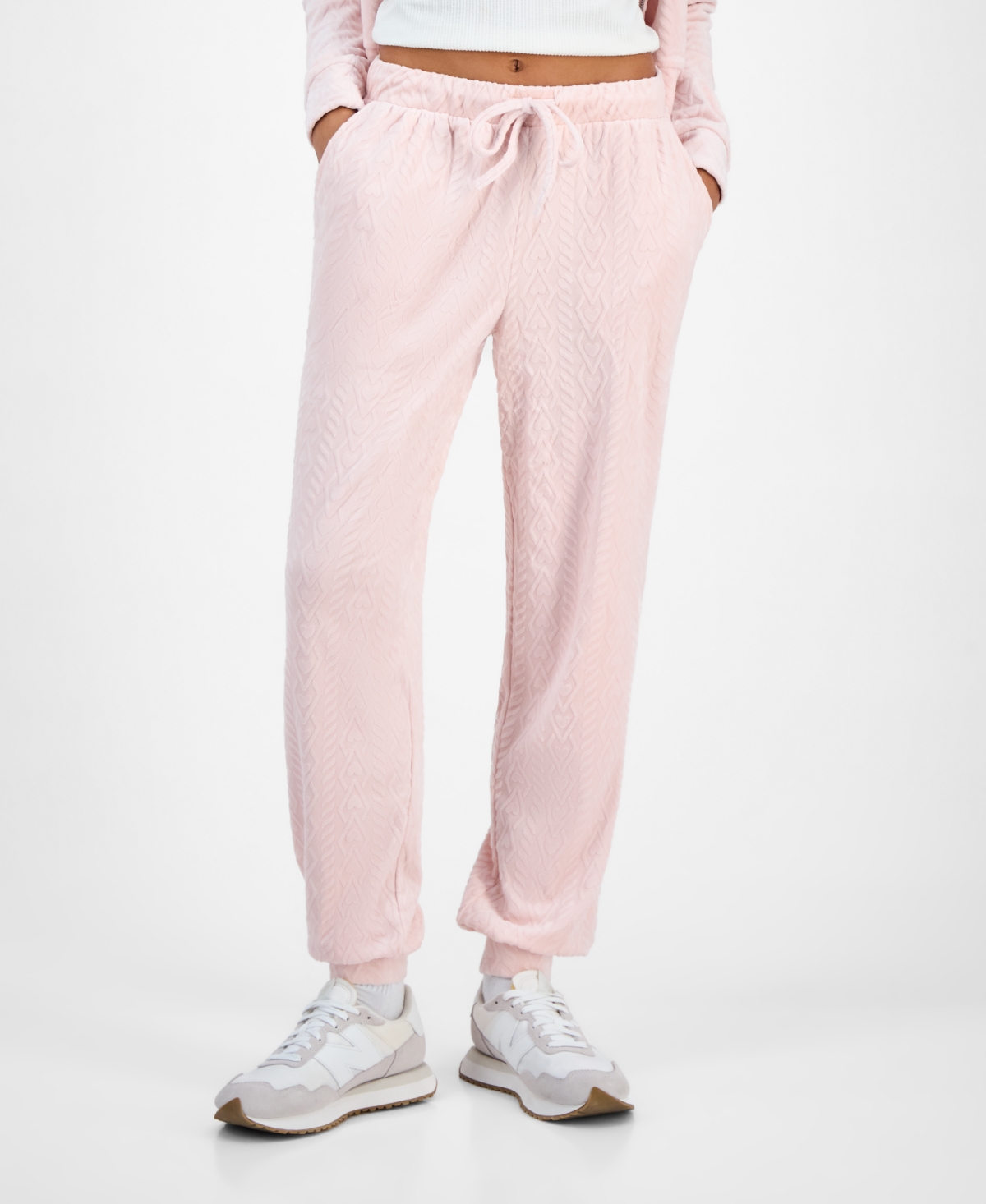 Hippie Rose Juniors' Cable Knit Heart Velour Jogger Pants In Pink