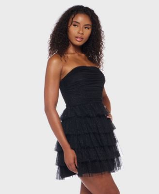 Juniors' Strapless Side-Shirred Tiered Glitter Mini Dress