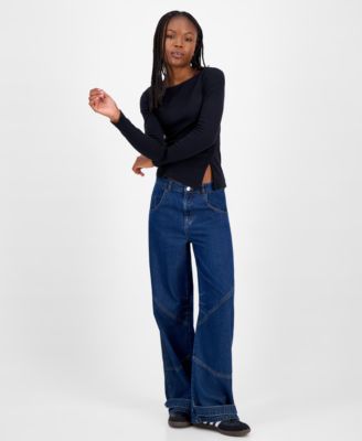 Juniors' Long-Sleeve Asymmetrical Boat-Neck Top