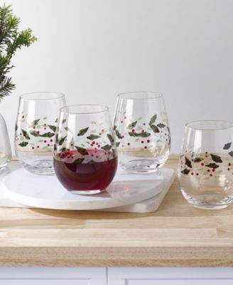 Holiday Stemless Wine Glasses, Set of 4