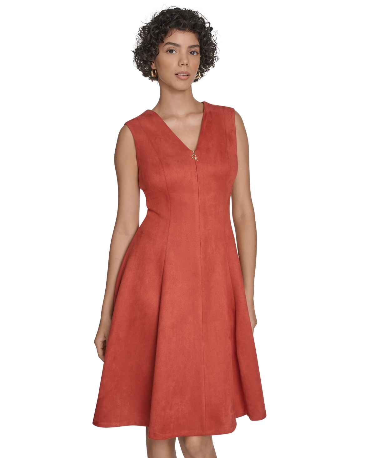 Calvin Klein Petite Scuba Suede Fit And Flare Dress In Red