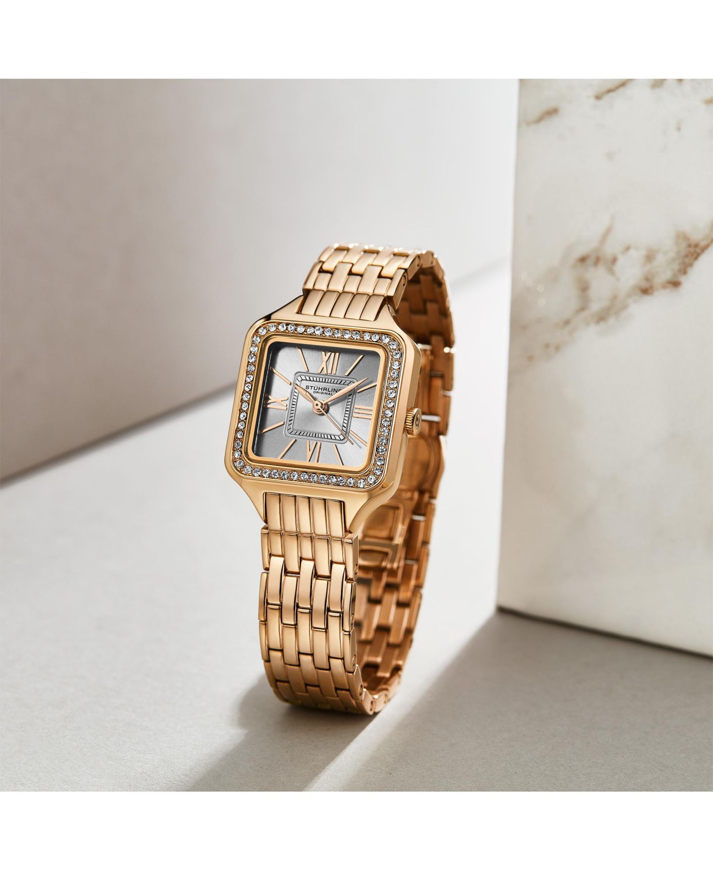 Женские часы Stuhrling Confidant 4020 квадратные с кристаллами на безеле, цвет: Розовый — фото 3