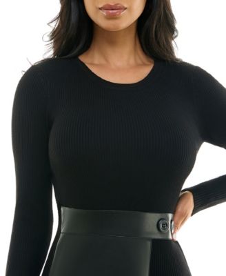 Juniors' Bodycon Faux-Leather Long-Sleeve Sweater Dress