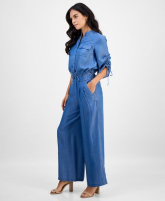 Petite High Rise Wide-Leg Chambray Pants, Macy's Exclusive 