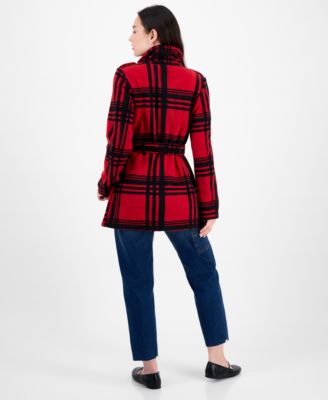 Juniors' Plaid Micro-Fleece Belted Jacket