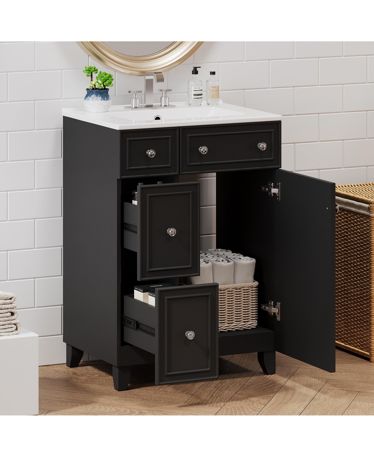 Casainc 24" Bathroom Vanity Cabinet with Ceramic Sink, 2 Drawers and 1 Storage Door