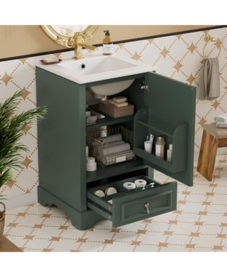 20" Solid Wood And MDF Soft-Close Door, U-Shaped Shelf, Drawer and Storage Rack Bathroom Vanity with Ceramic Sink