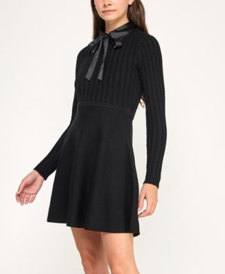 Juniors Removable Satin Bow Collar Cable Fit & Flare Sweater Dress