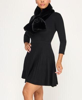 Juniors' 2-Piece Scoop Neck Faux Fur Scarf Fit & Flare Sweater Dress