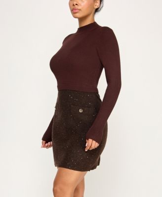Juniors Sequin Textured Skirt Fitted Sweater Dress