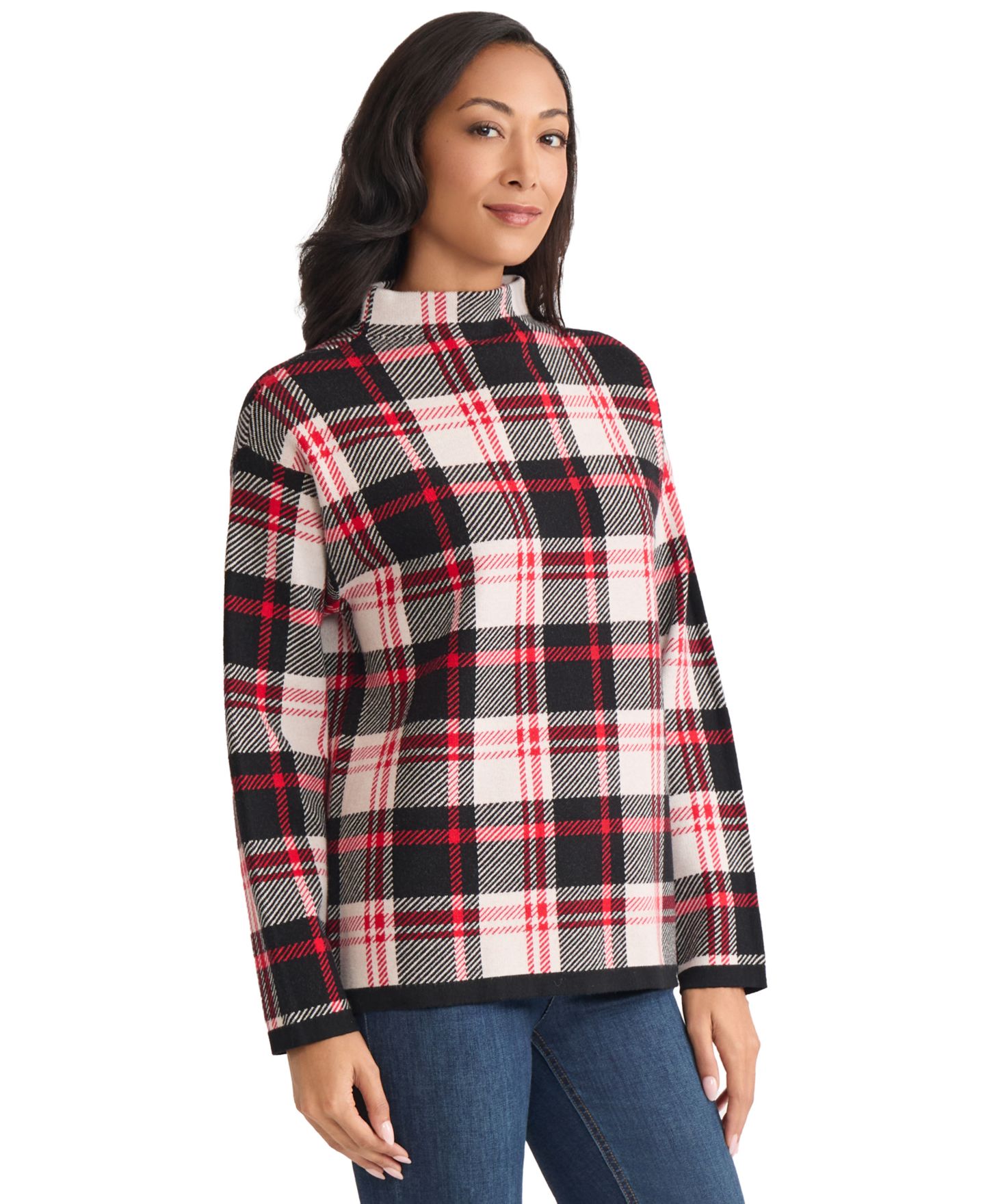 Женский свитер Jones New York Birdseye Plaid Funnel Neck, цвет: Белый разноцветный — фото 3