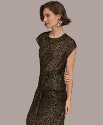 Women's Cap Sleeve Metallic Burnout Crewneck Top