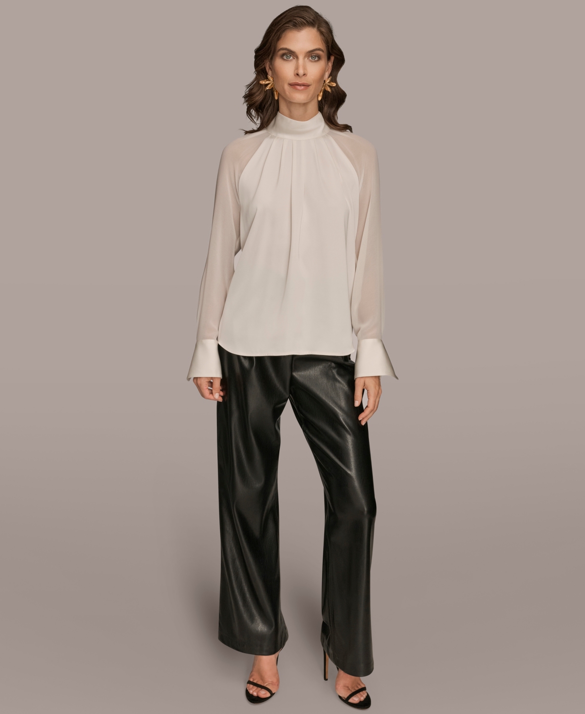 Donna Karan New York Pleated Sheer Sleeve Top In White