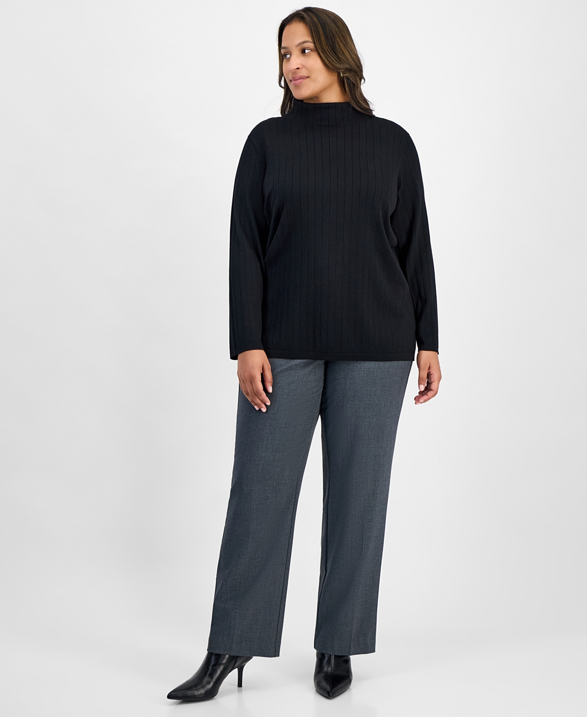 Jones New York Plus Wide Rib Funnel-Neck Sweater