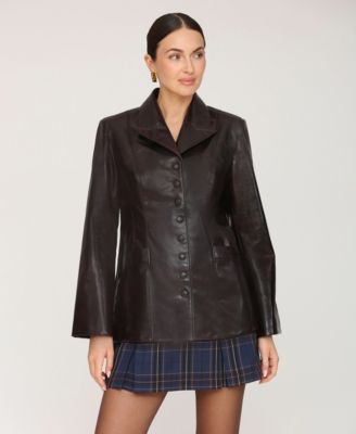 Women's Faux Leather Notch Collar Flared Jacket
