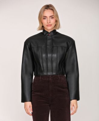 Faux Leather Women's Wide Shoulder Cropped Jacket