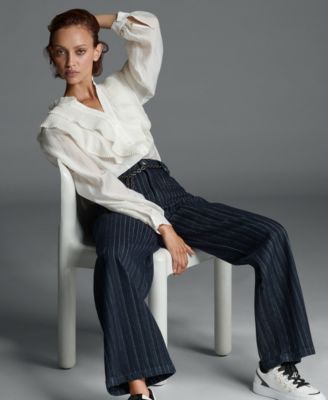 Women's Striped Denim Belted Wide-Leg Pants