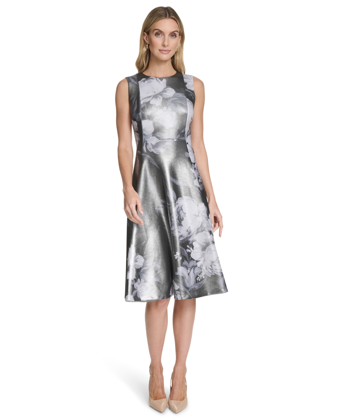 Calvin Klein Women's Foil Fit & Flare Dress In Gray