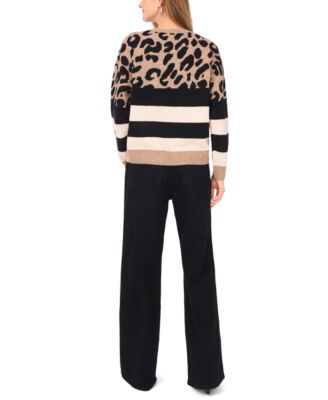 Women's Cozy Crewneck Animal-Print Stripe Long-Sleeve Sweater