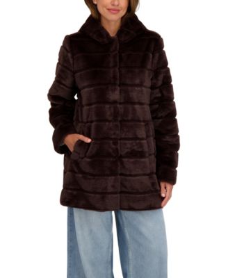 Women's Hooded Grooved Faux Fur Coat