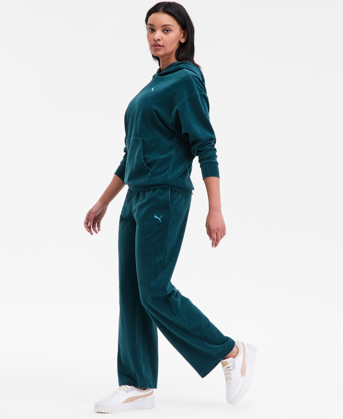 Puma Women's Elevated Velour Ribbed Straight Leg Pants In Green