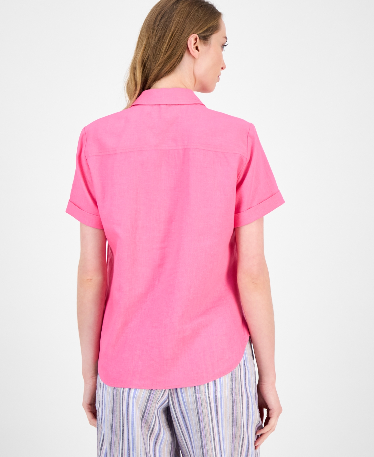 Tommy Hilfiger Women's Cuffed Short-sleeve Camp Shirt In Pink