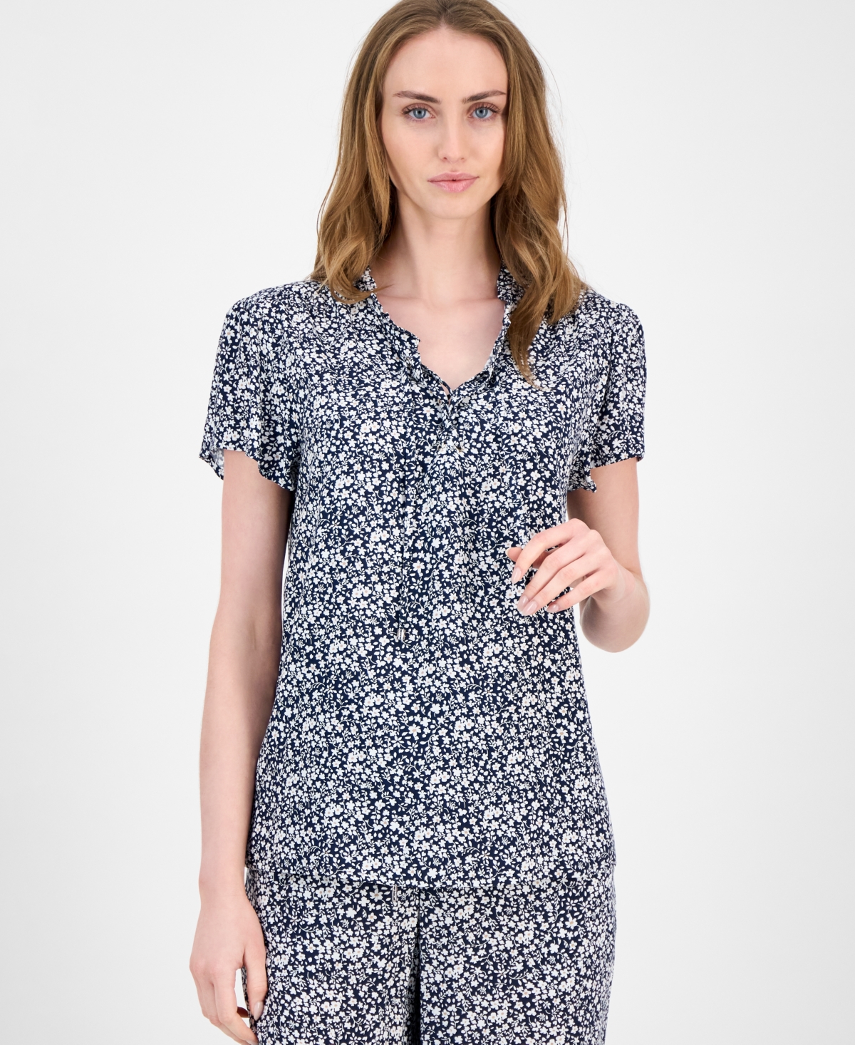 Tommy Hilfiger Women's Floral Lace-up Short-sleeve Blouse In Blue