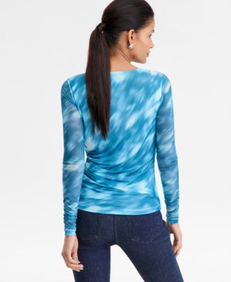 Women's Printed Long-Sleeve Draped Mesh Top