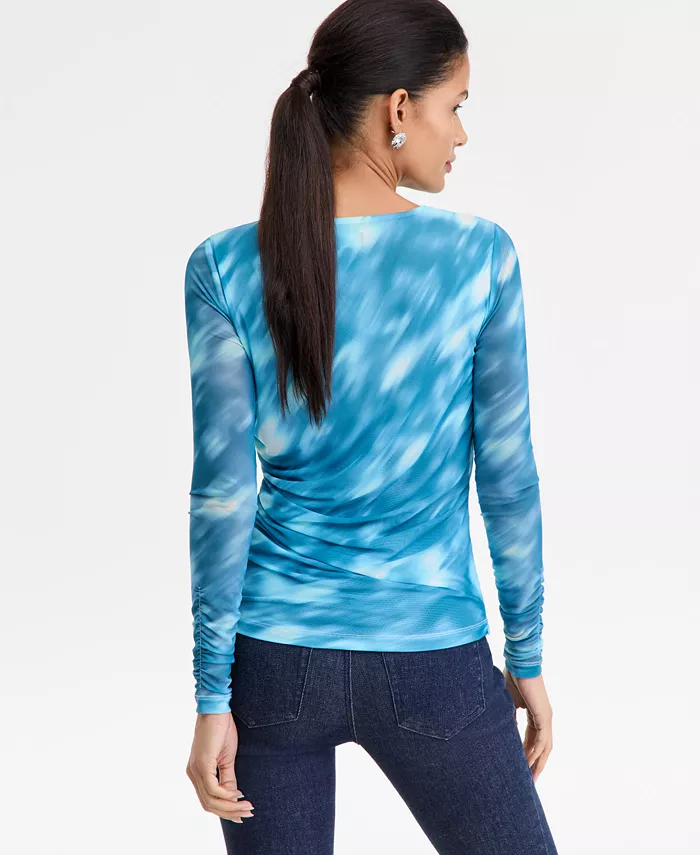 Women's Printed Long-Sleeve Draped Mesh Top - thumbnail 2