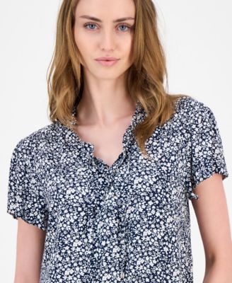Women's Floral Lace-Up Short-Sleeve Blouse