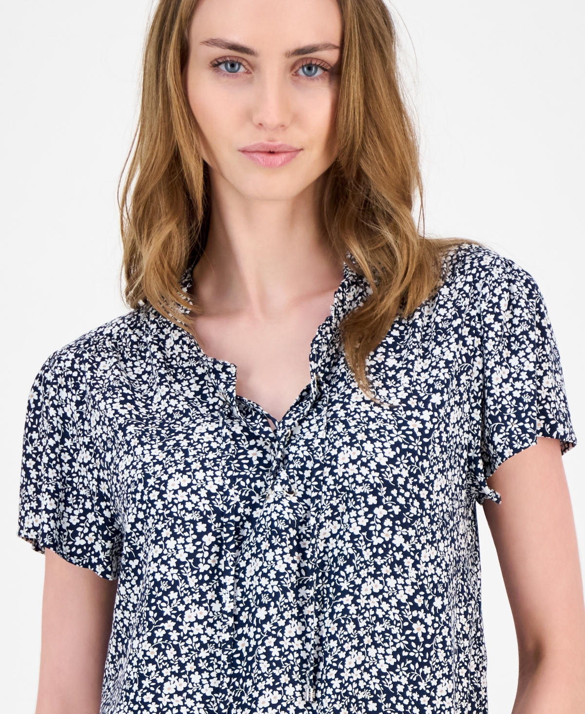 Tommy Hilfiger Women's Floral Lace-up Short-sleeve Blouse In Blue
