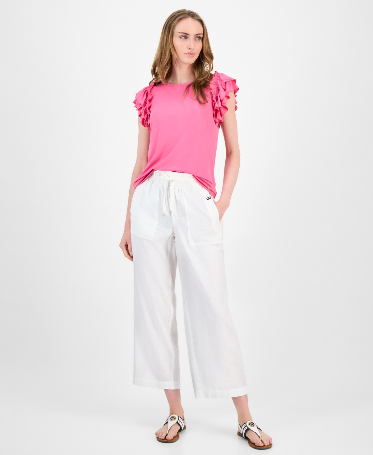 Tommy Hilfiger Women's Ruffled Cap-sleeve Knit Top In Pink